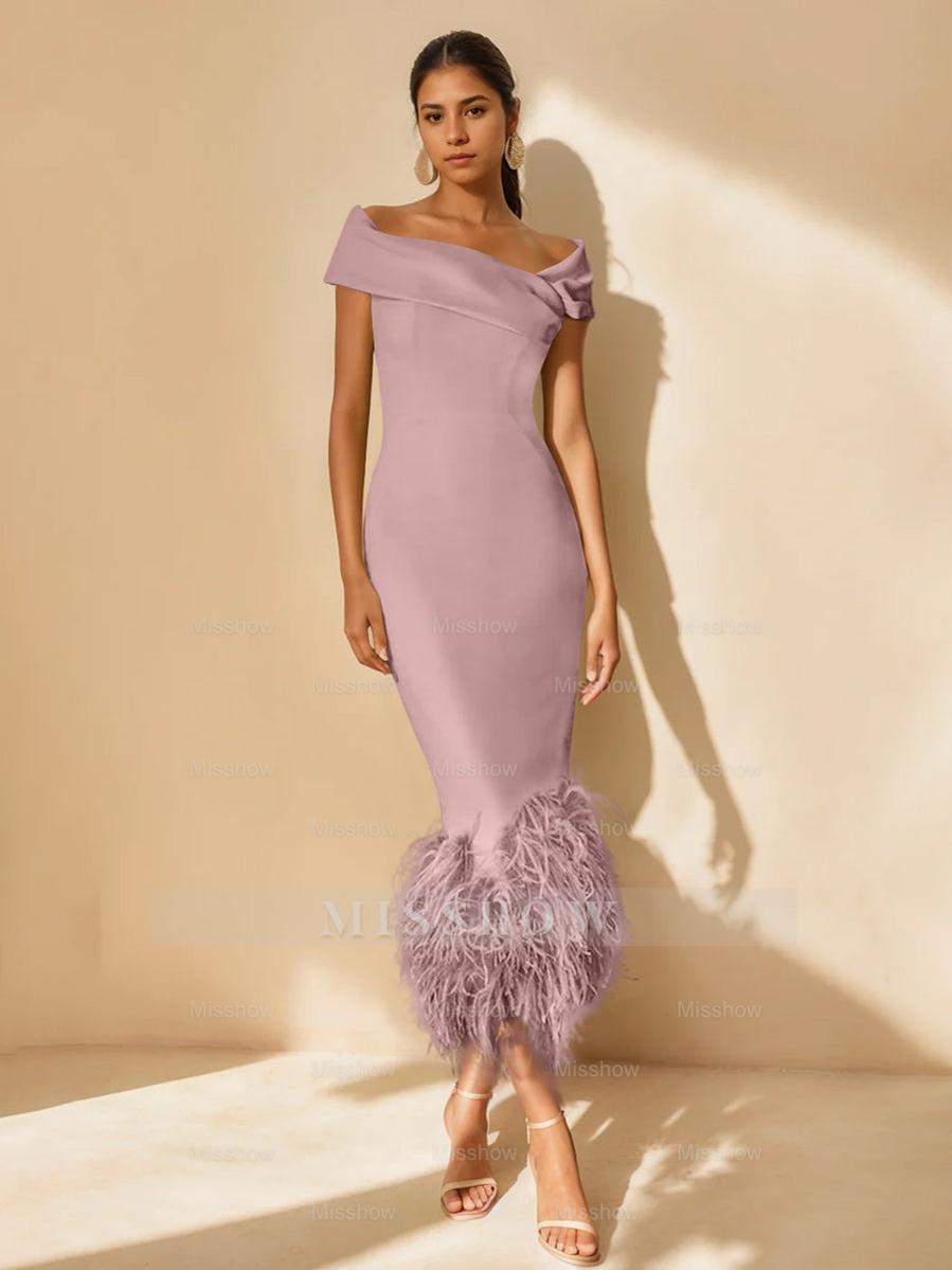 Unique Off-the-Shoulder Tea-Length Mother of the Bride Dress with Short Sleeves and Feathers