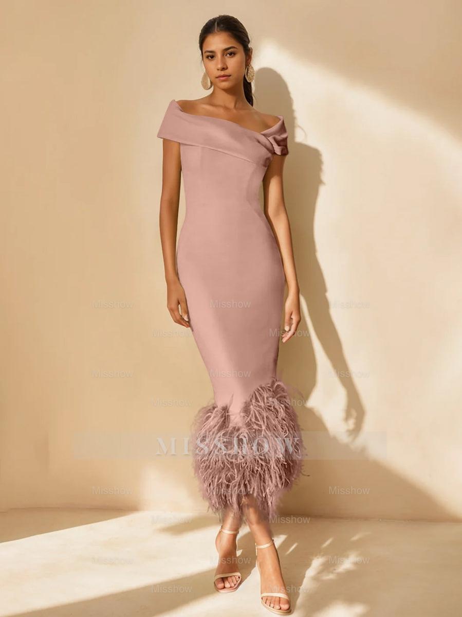 Unique Off-the-Shoulder Tea-Length Mother of the Bride Dress with Short Sleeves and Feathers