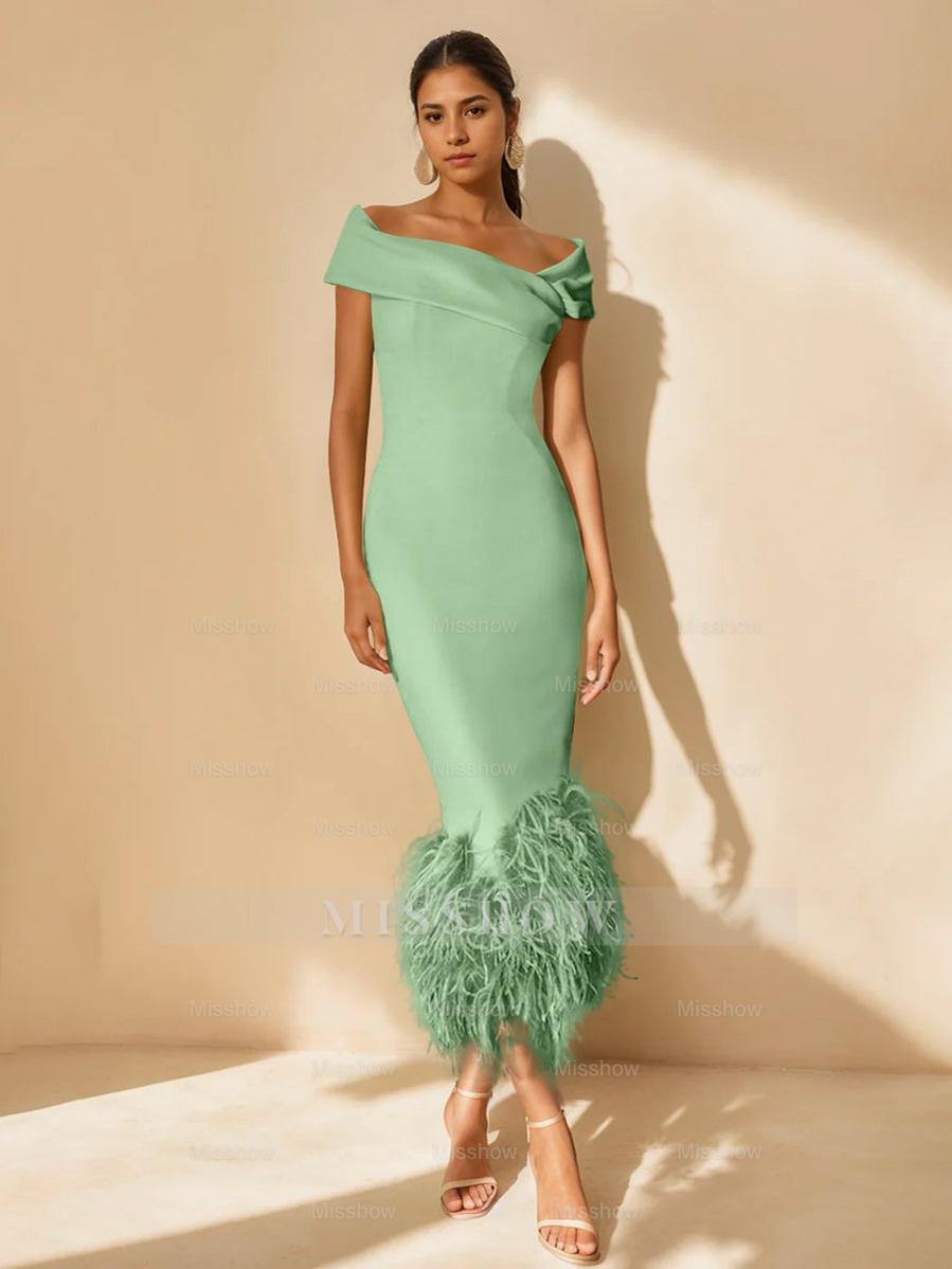 Unique Off-the-Shoulder Tea-Length Mother of the Bride Dress with Short Sleeves and Feathers