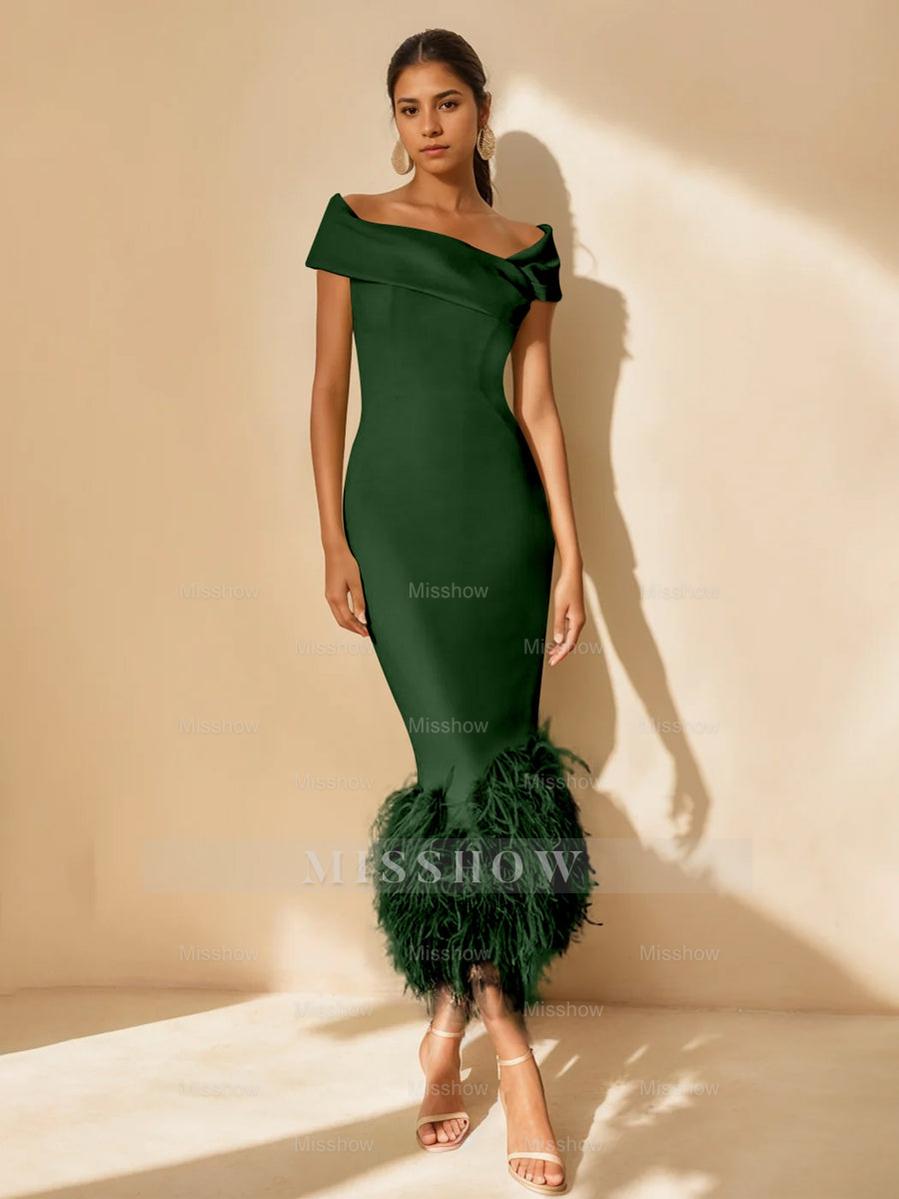 Unique Off-the-Shoulder Tea-Length Mother of the Bride Dress with Short Sleeves and Feathers