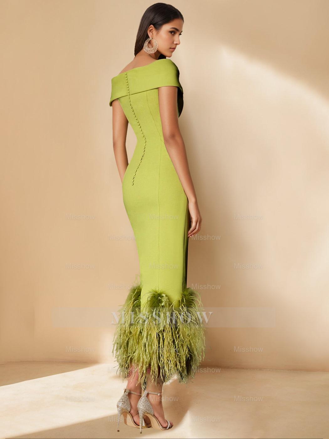 Unique Off-the-Shoulder Tea-Length Mother of the Bride Dress with Short Sleeves and Feathers
