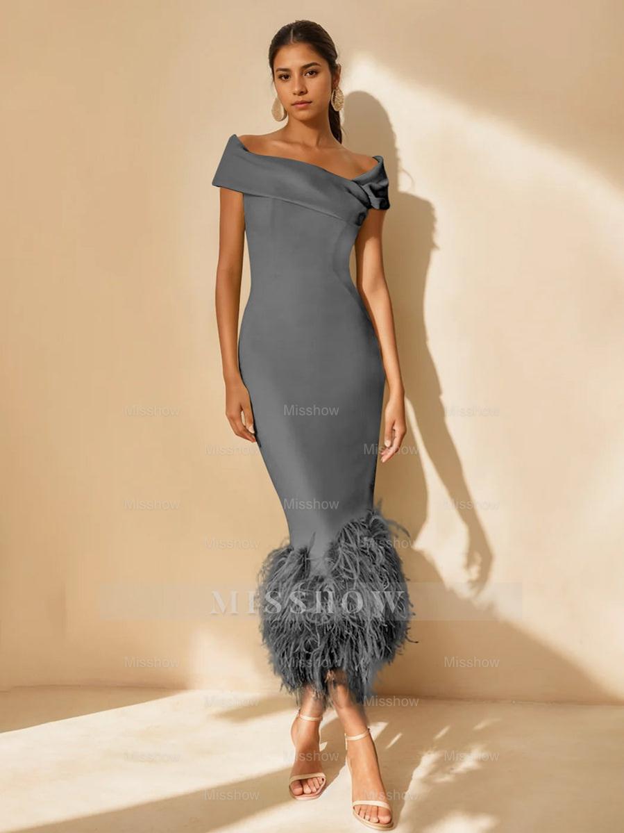 Unique Off-the-Shoulder Tea-Length Mother of the Bride Dress with Short Sleeves and Feathers