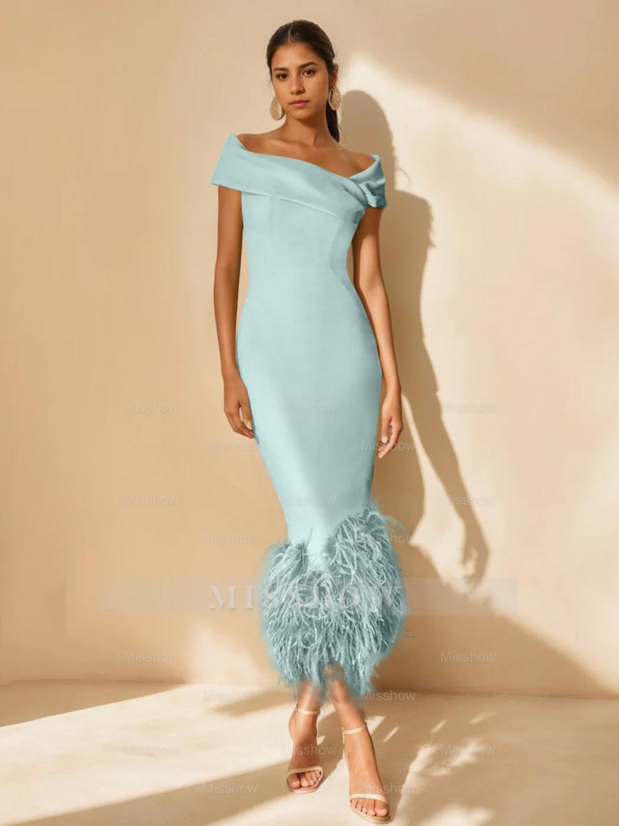 Unique Off-the-Shoulder Tea-Length Mother of the Bride Dress with Short Sleeves and Feathers