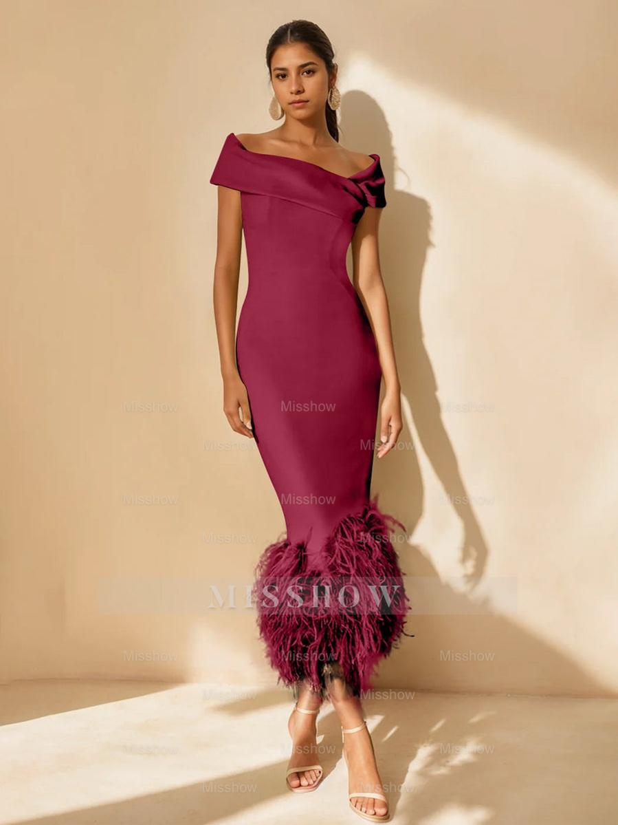Unique Off-the-Shoulder Tea-Length Mother of the Bride Dress with Short Sleeves and Feathers