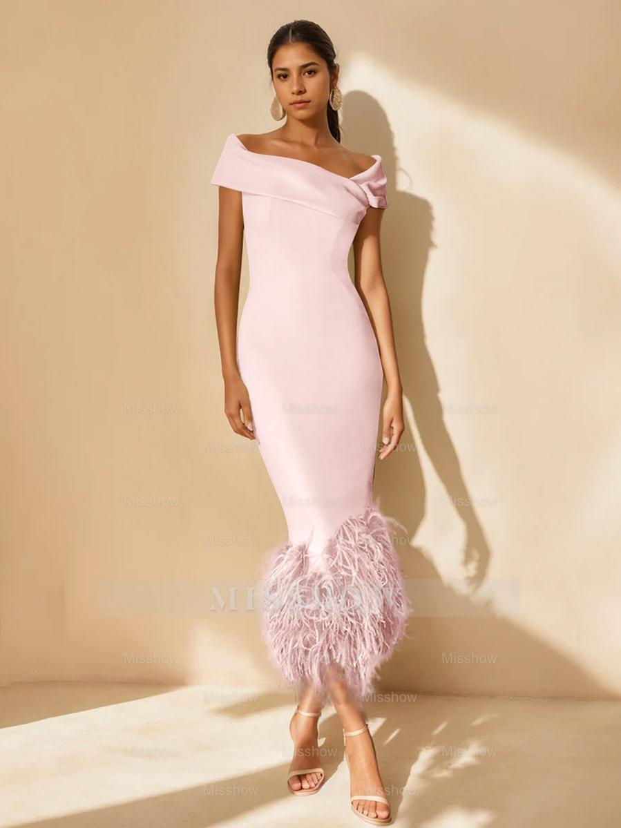 Unique Off-the-Shoulder Tea-Length Mother of the Bride Dress with Short Sleeves and Feathers