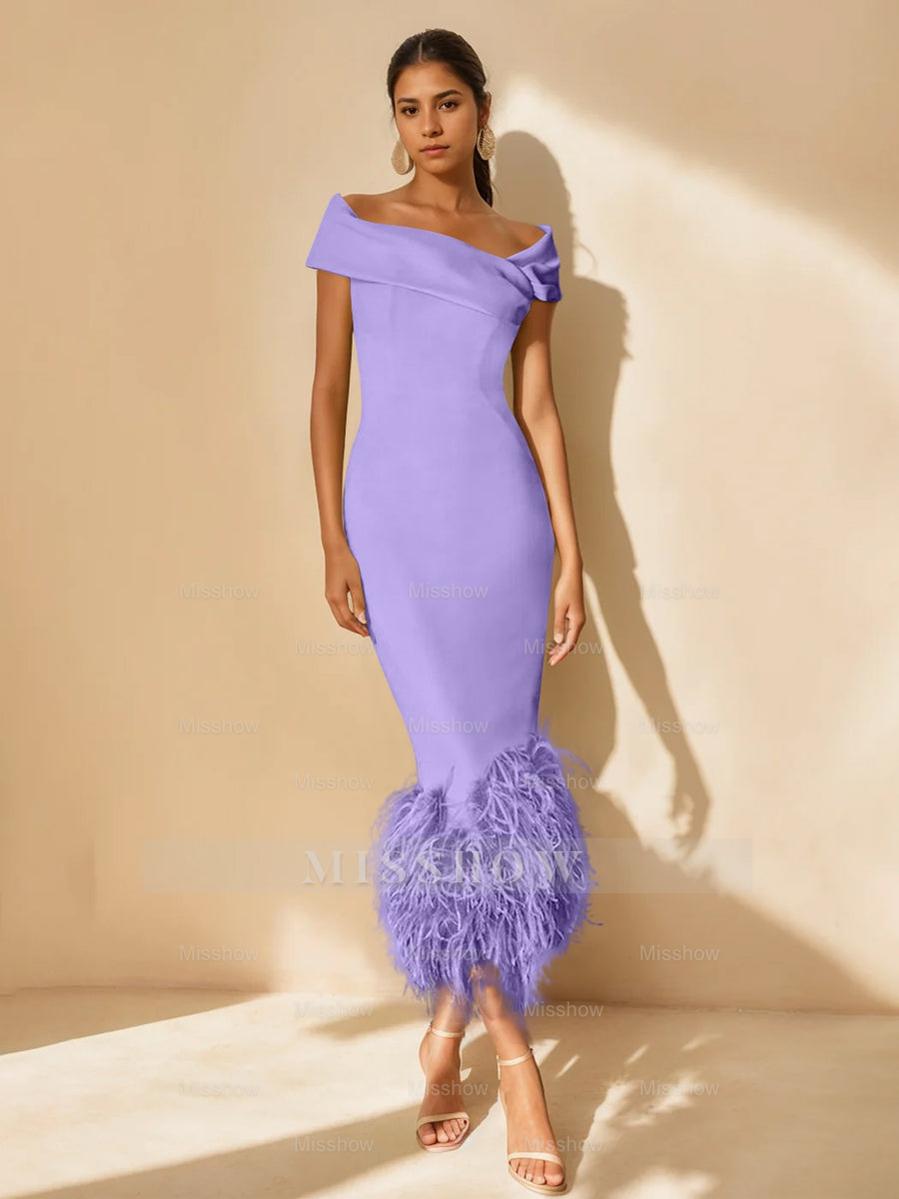 Unique Off-the-Shoulder Tea-Length Mother of the Bride Dress with Short Sleeves and Feathers