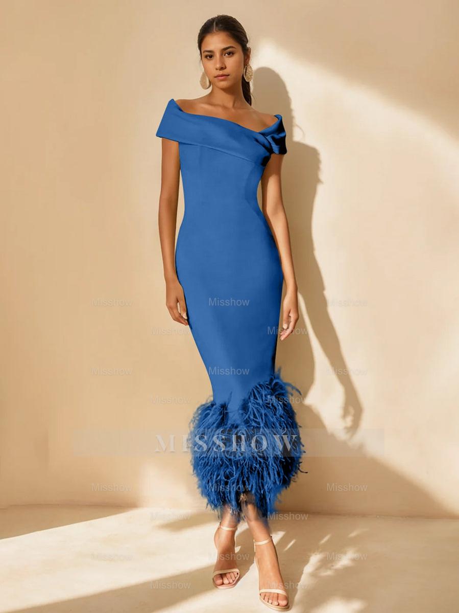Unique Off-the-Shoulder Tea-Length Mother of the Bride Dress with Short Sleeves and Feathers