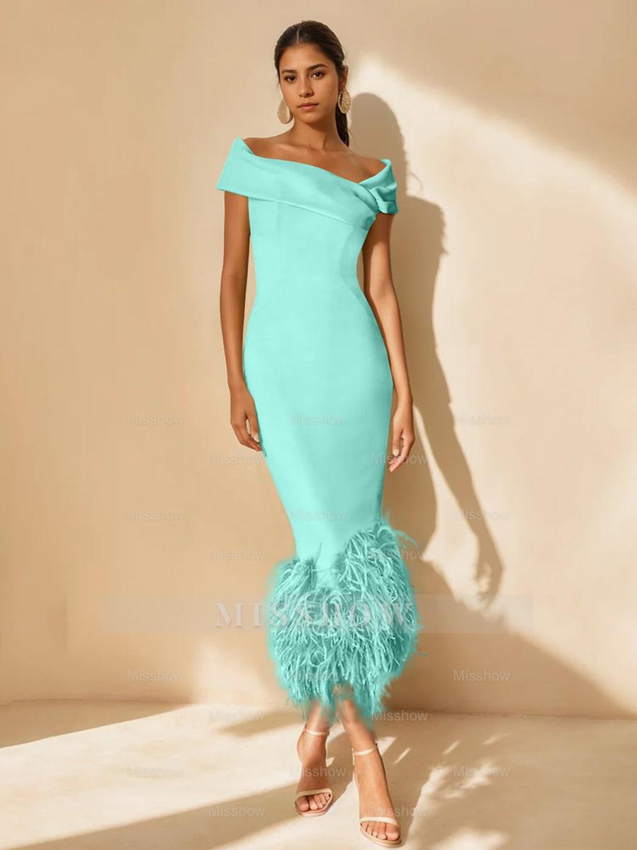 Unique Off-the-Shoulder Tea-Length Mother of the Bride Dress with Short Sleeves and Feathers