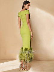 Unique Off-the-Shoulder Tea-Length Mother of the Bride Dress with Short Sleeves and Feathers