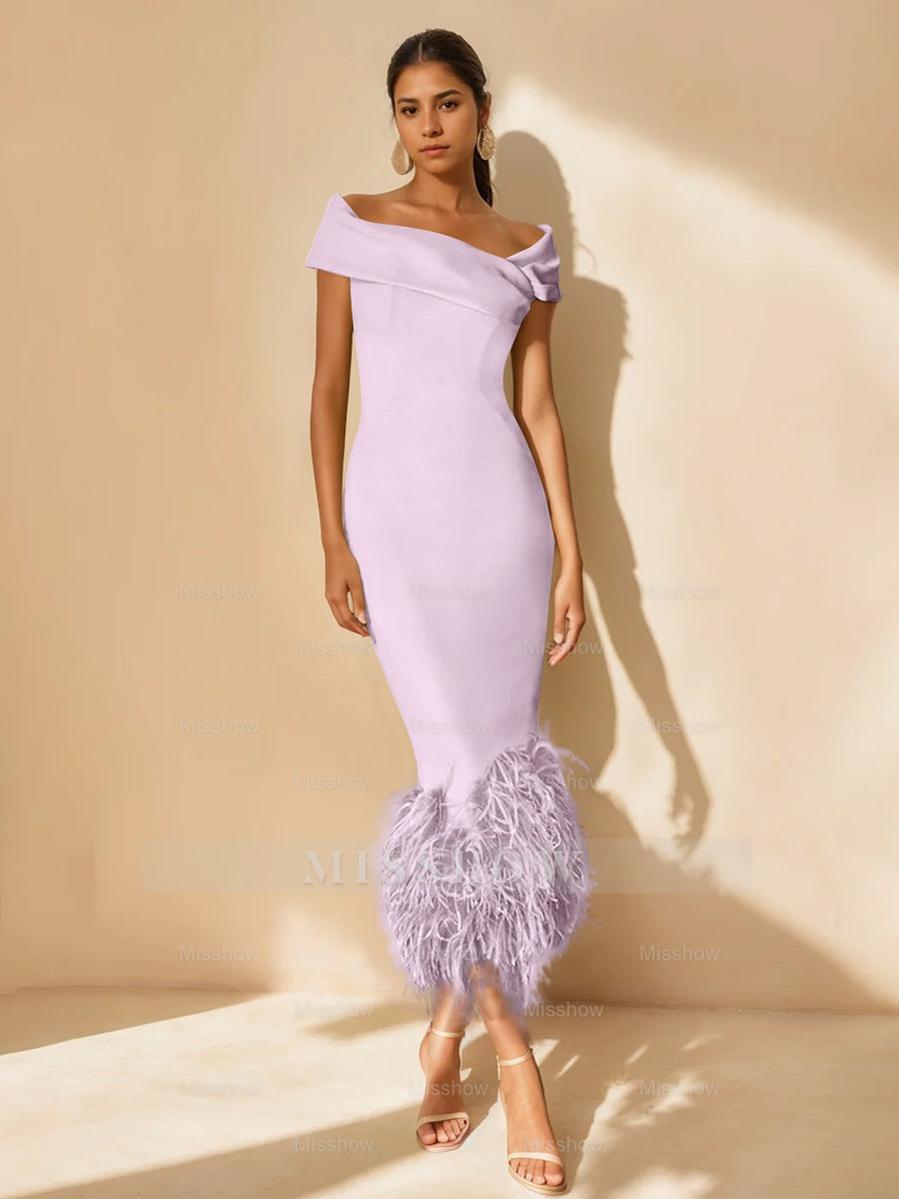 Unique Off-the-Shoulder Tea-Length Mother of the Bride Dress with Short Sleeves and Feathers