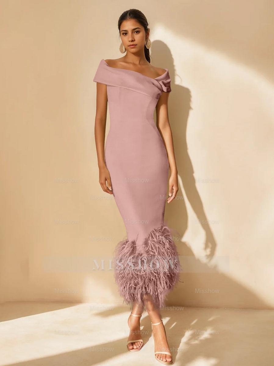 Unique Off-the-Shoulder Tea-Length Mother of the Bride Dress with Short Sleeves and Feathers