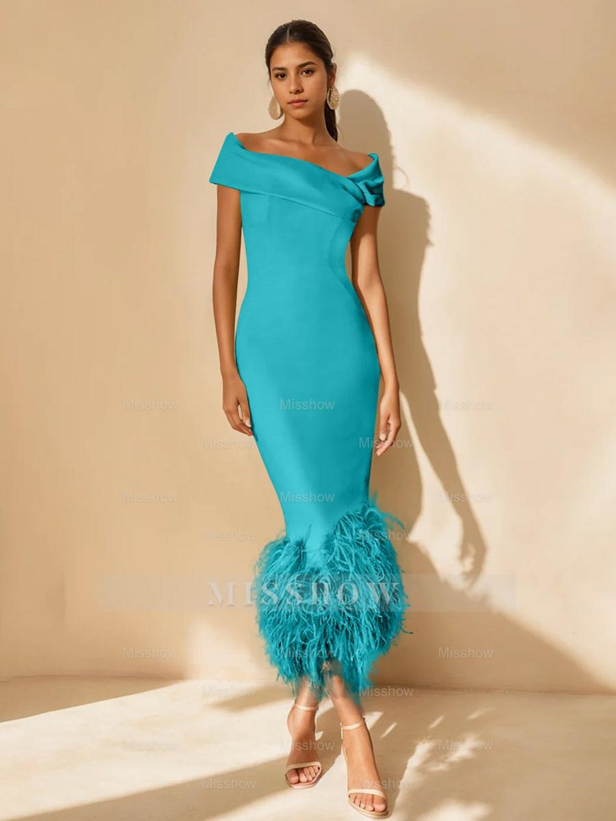 Unique Off-the-Shoulder Tea-Length Mother of the Bride Dress with Short Sleeves and Feathers