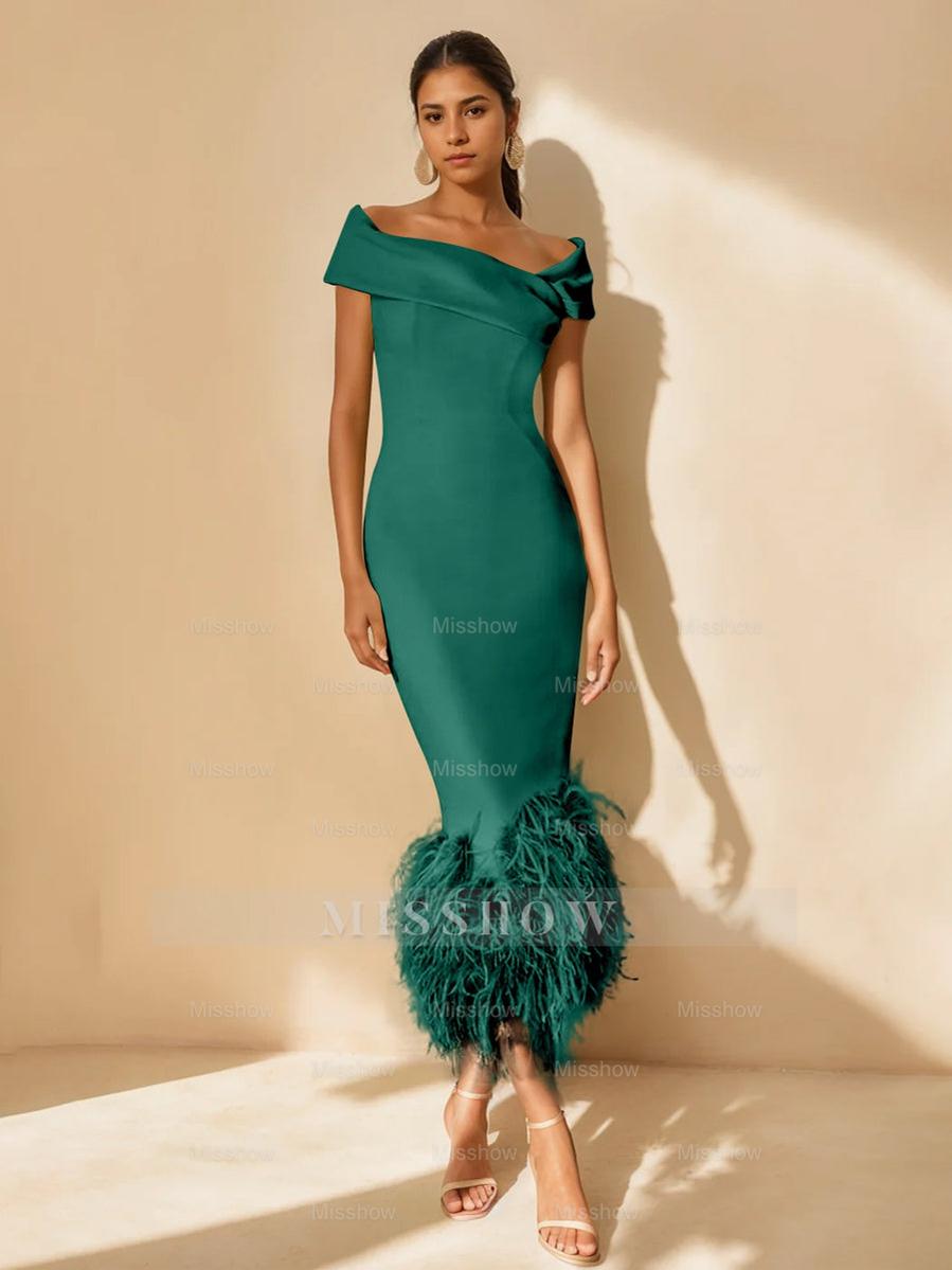 Unique Off-the-Shoulder Tea-Length Mother of the Bride Dress with Short Sleeves and Feathers