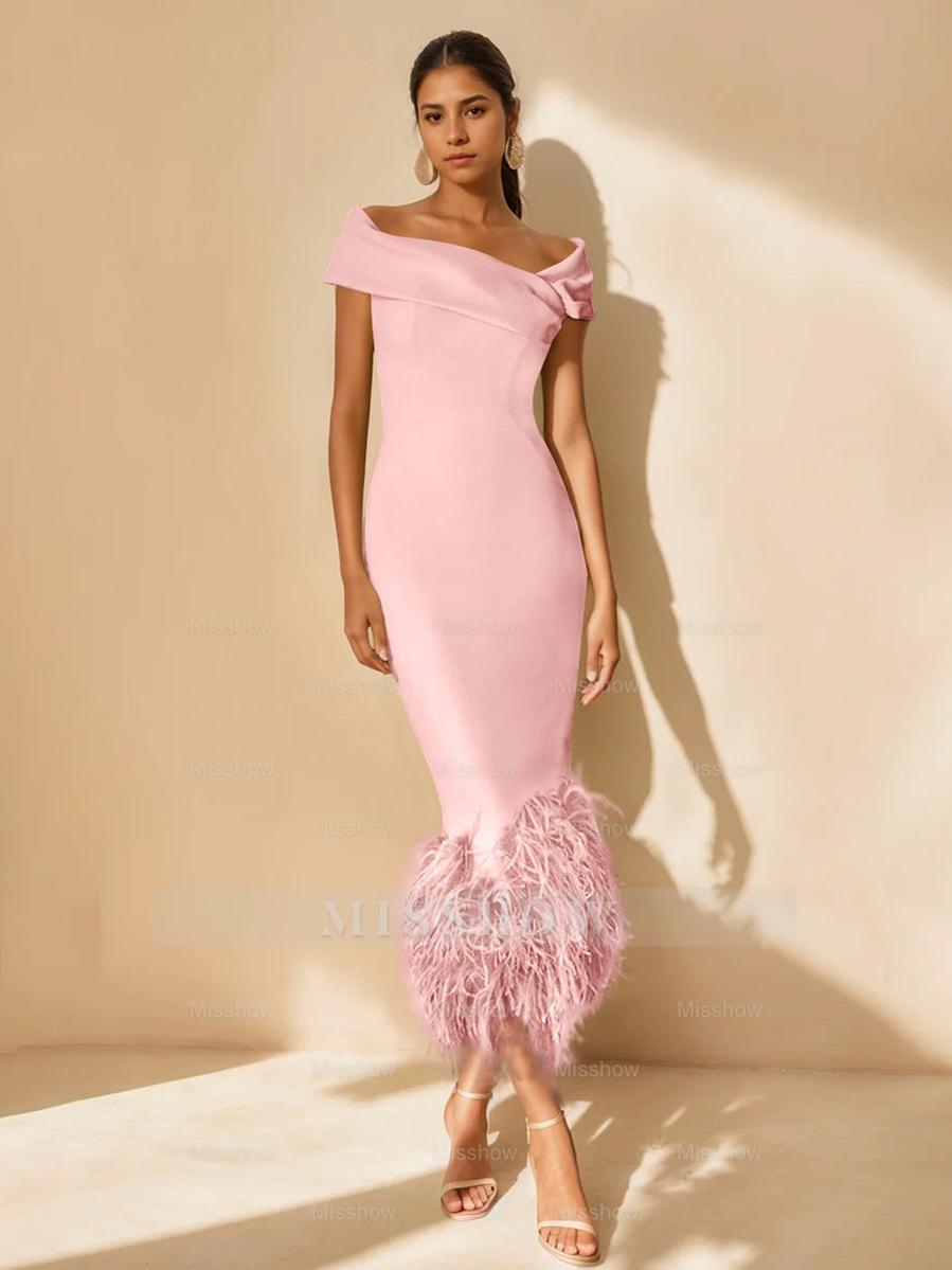 Unique Off-the-Shoulder Tea-Length Mother of the Bride Dress with Short Sleeves and Feathers