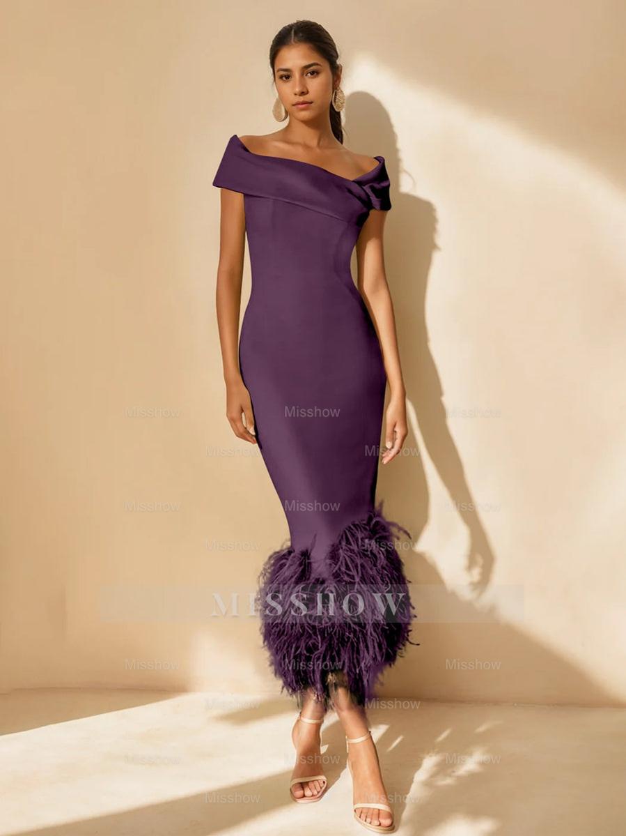 Unique Off-the-Shoulder Tea-Length Mother of the Bride Dress with Short Sleeves and Feathers