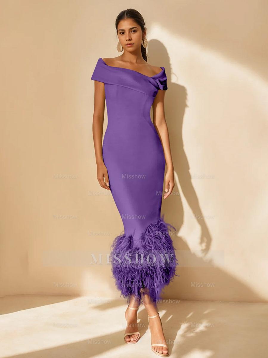 Unique Off-the-Shoulder Tea-Length Mother of the Bride Dress with Short Sleeves and Feathers