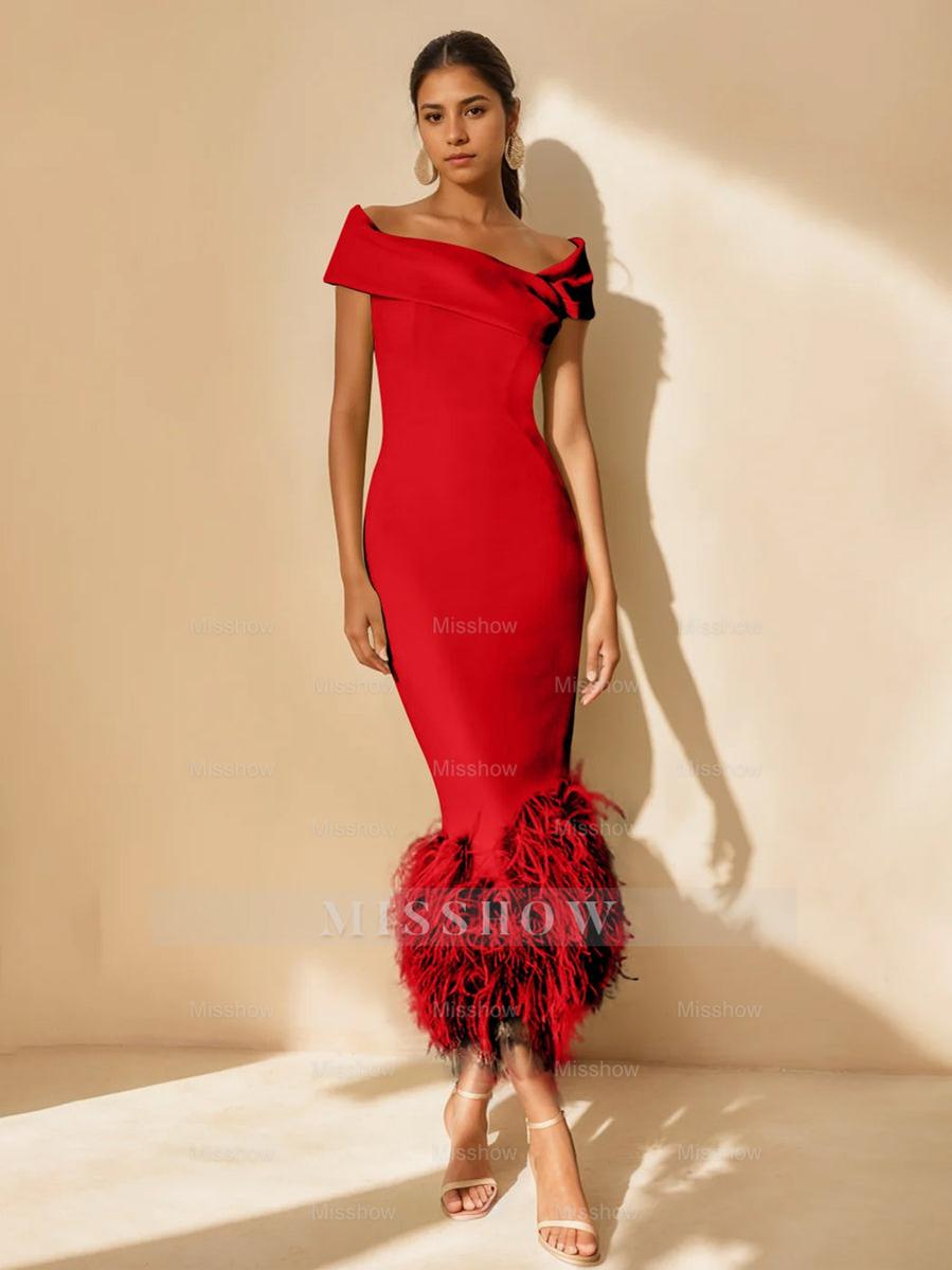 Unique Off-the-Shoulder Tea-Length Mother of the Bride Dress with Short Sleeves and Feathers