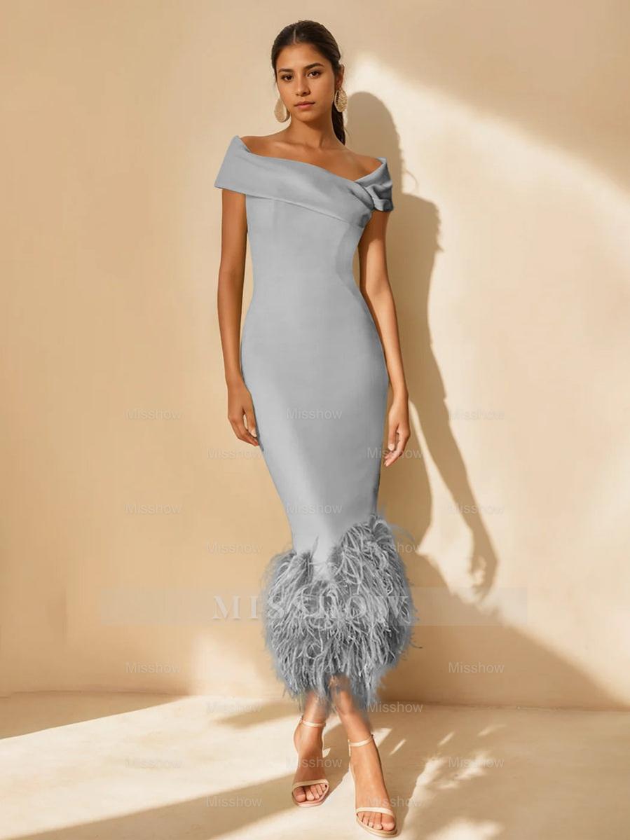 Unique Off-the-Shoulder Tea-Length Mother of the Bride Dress with Short Sleeves and Feathers