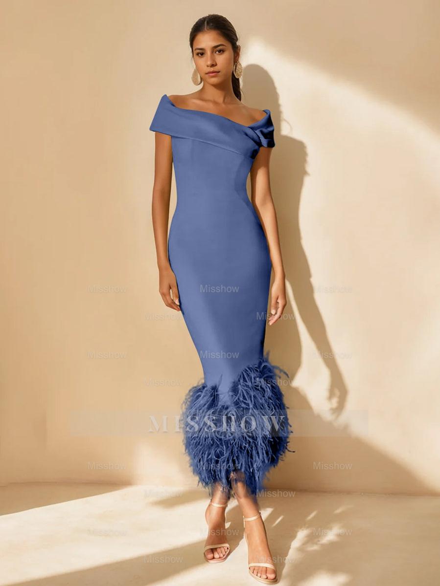 Unique Off-the-Shoulder Tea-Length Mother of the Bride Dress with Short Sleeves and Feathers