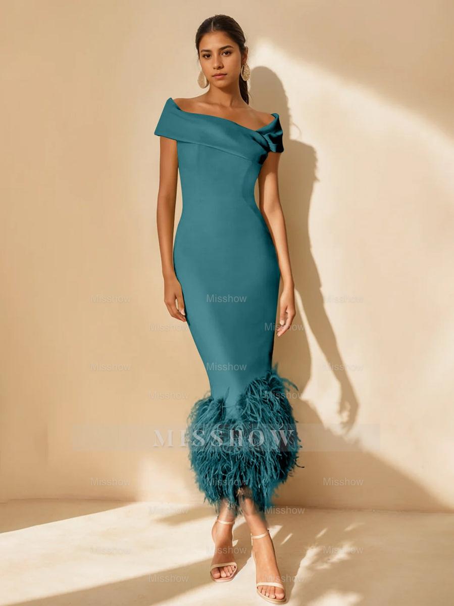 Unique Off-the-Shoulder Tea-Length Mother of the Bride Dress with Short Sleeves and Feathers