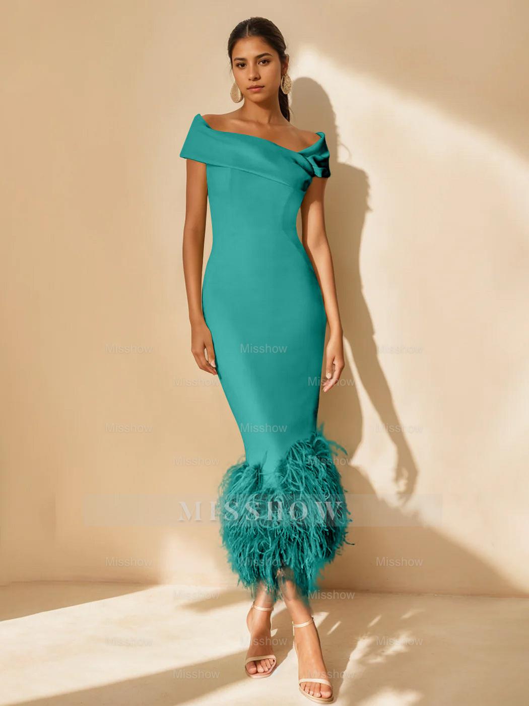 Unique Off-the-Shoulder Tea-Length Mother of the Bride Dress with Short Sleeves and Feathers