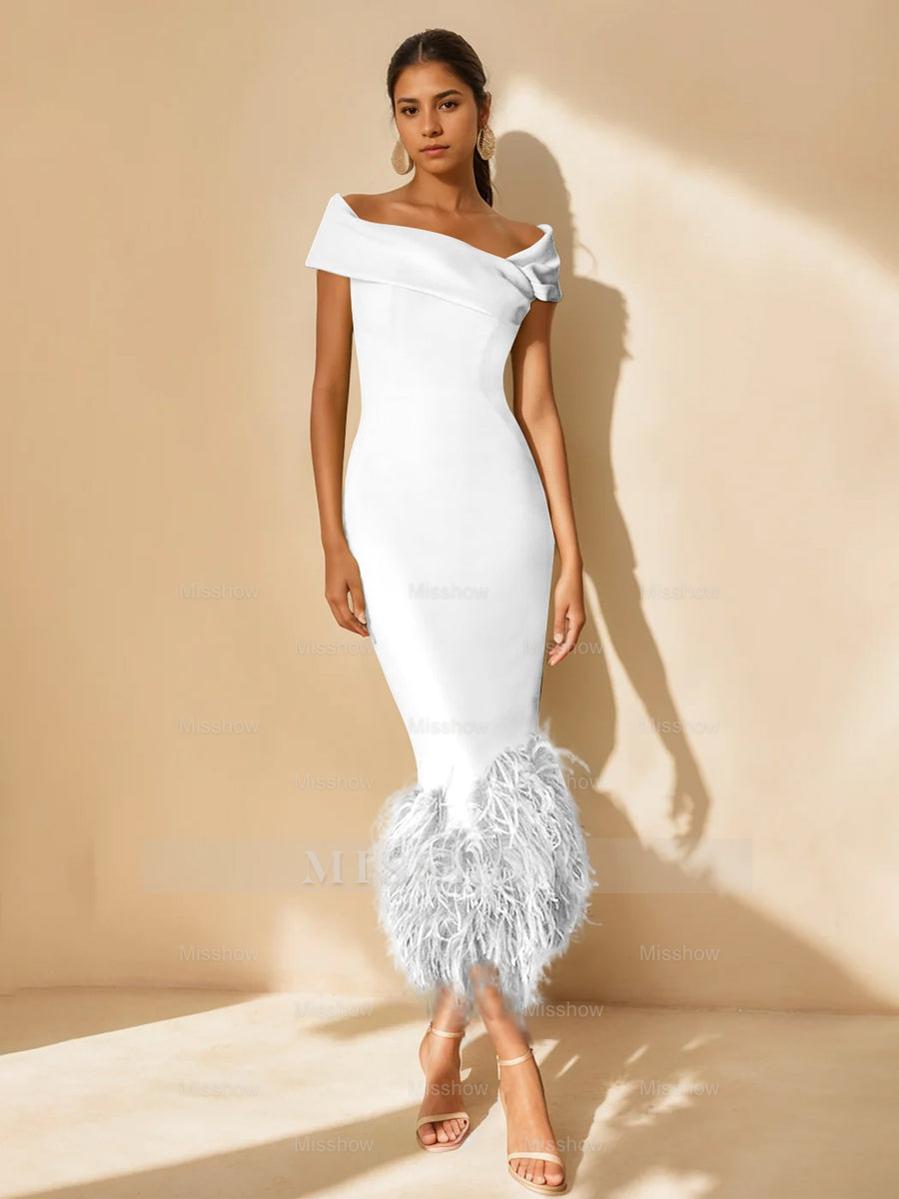 Unique Off-the-Shoulder Tea-Length Mother of the Bride Dress with Short Sleeves and Feathers