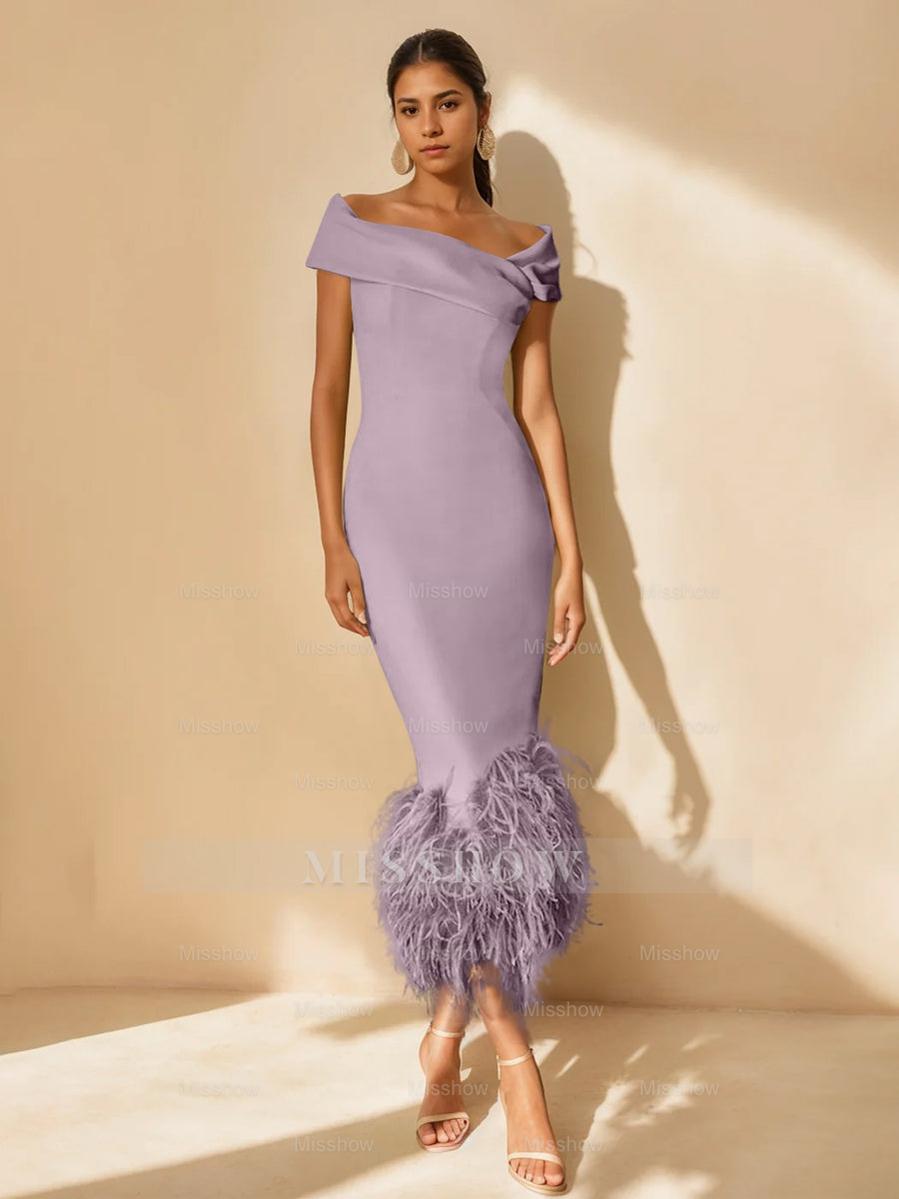 Unique Off-the-Shoulder Tea-Length Mother of the Bride Dress with Short Sleeves and Feathers