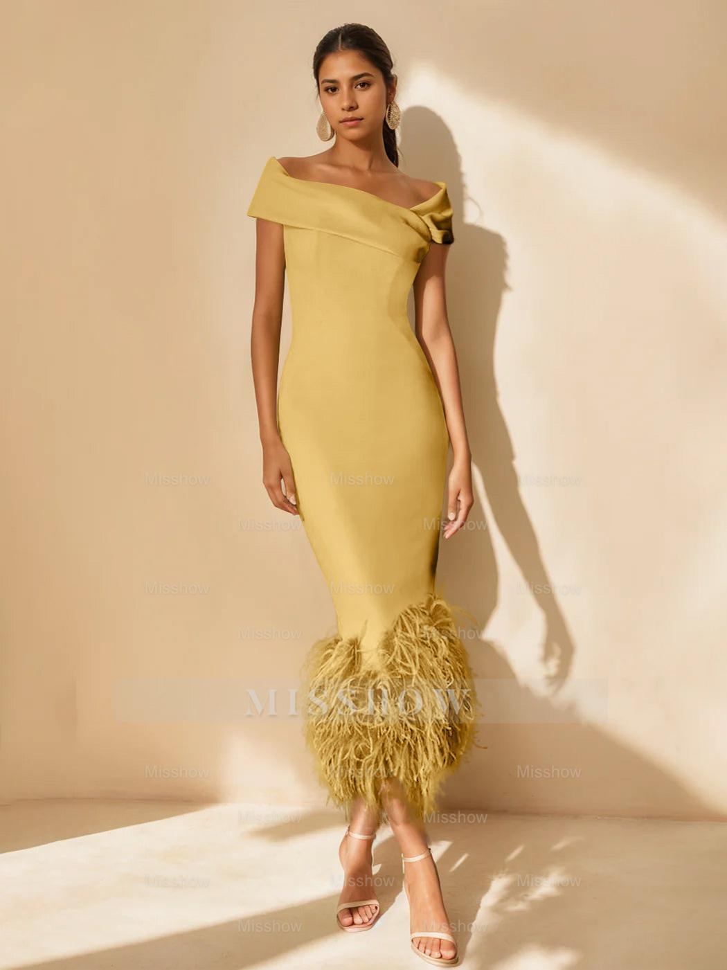 Unique Off-the-Shoulder Tea-Length Mother of the Bride Dress with Short Sleeves and Feathers