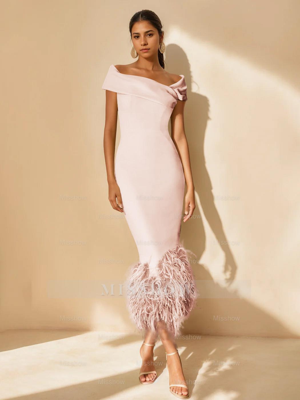 Unique Off-the-Shoulder Tea-Length Mother of the Bride Dress with Short Sleeves and Feathers