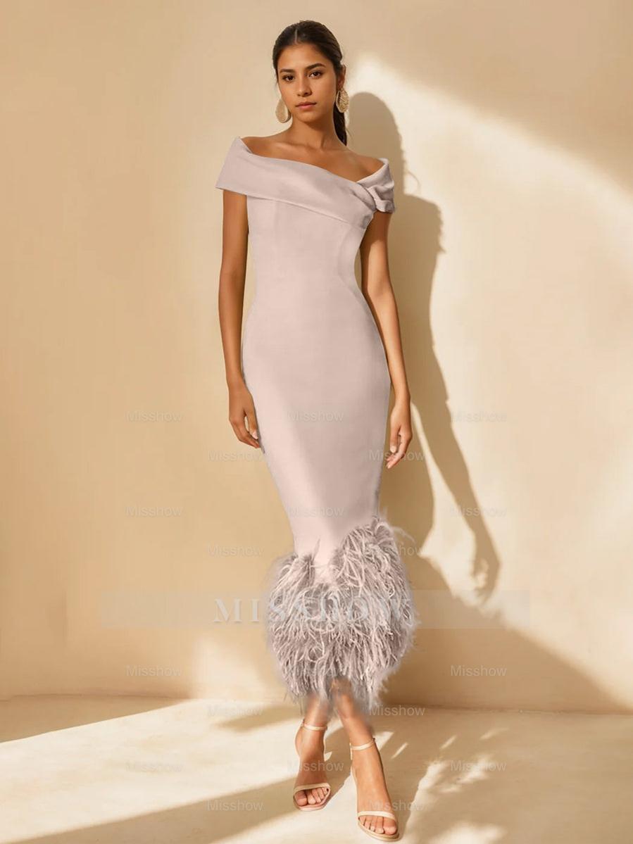 Unique Off-the-Shoulder Tea-Length Mother of the Bride Dress with Short Sleeves and Feathers