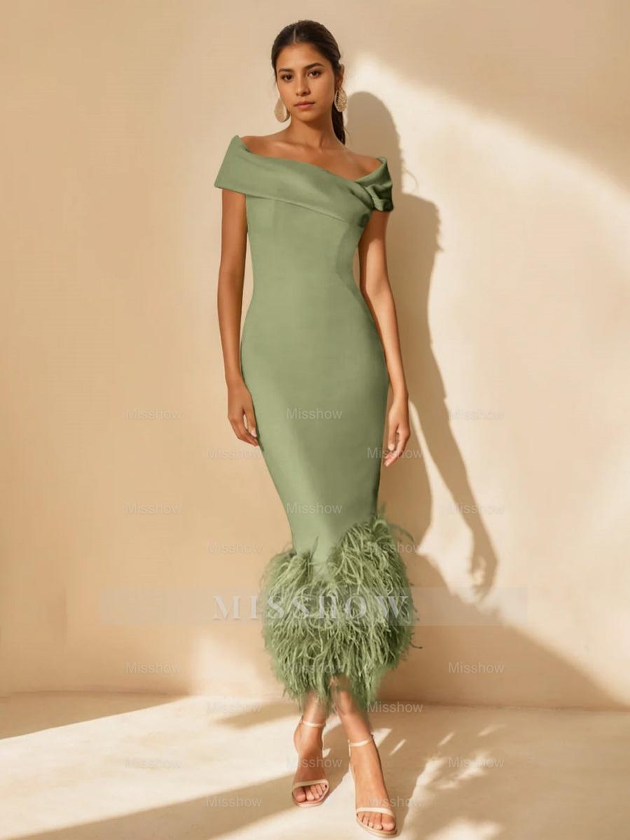 Unique Off-the-Shoulder Tea-Length Mother of the Bride Dress with Short Sleeves and Feathers