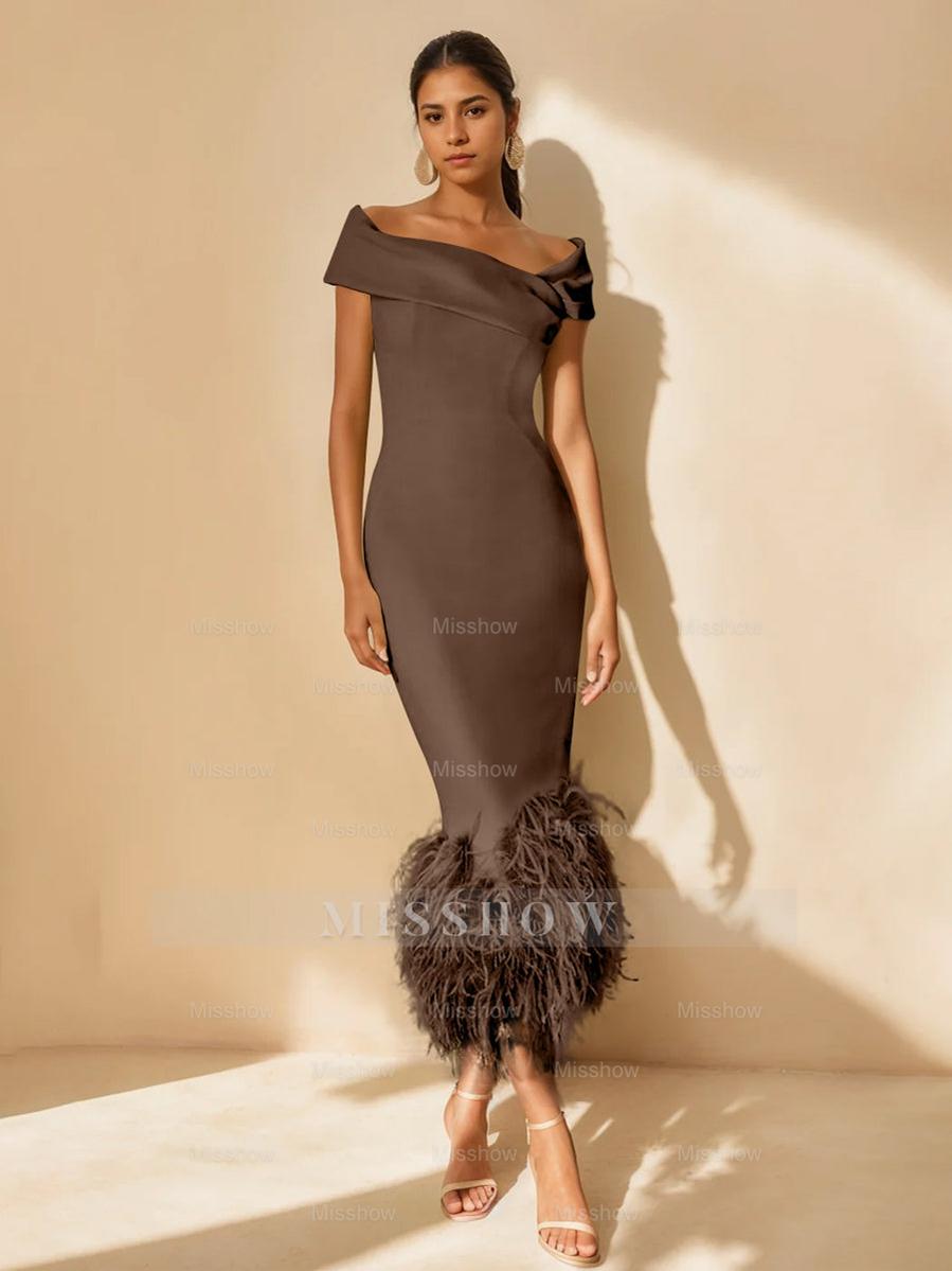 Unique Off-the-Shoulder Tea-Length Mother of the Bride Dress with Short Sleeves and Feathers