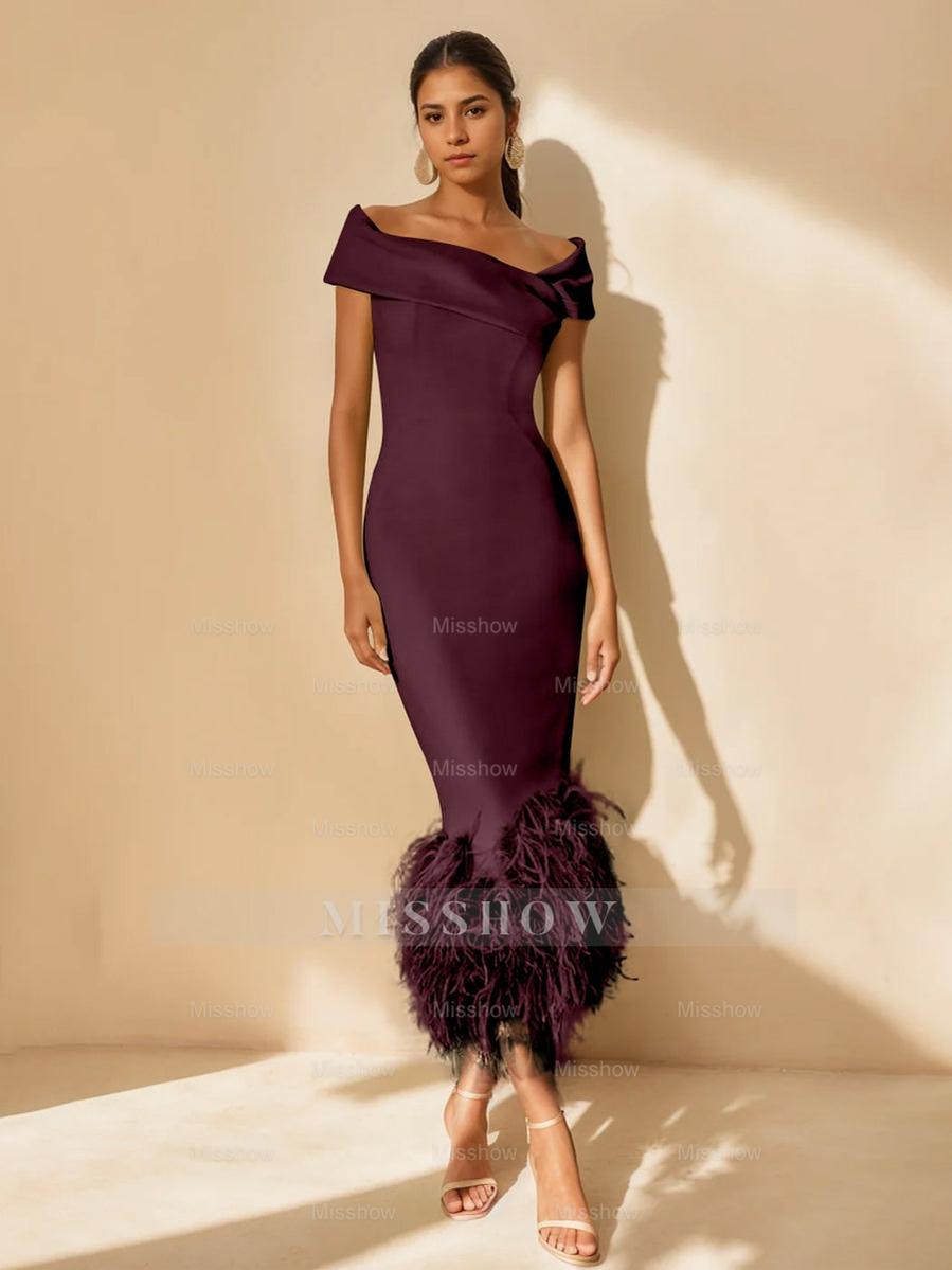 Unique Off-the-Shoulder Tea-Length Mother of the Bride Dress with Short Sleeves and Feathers