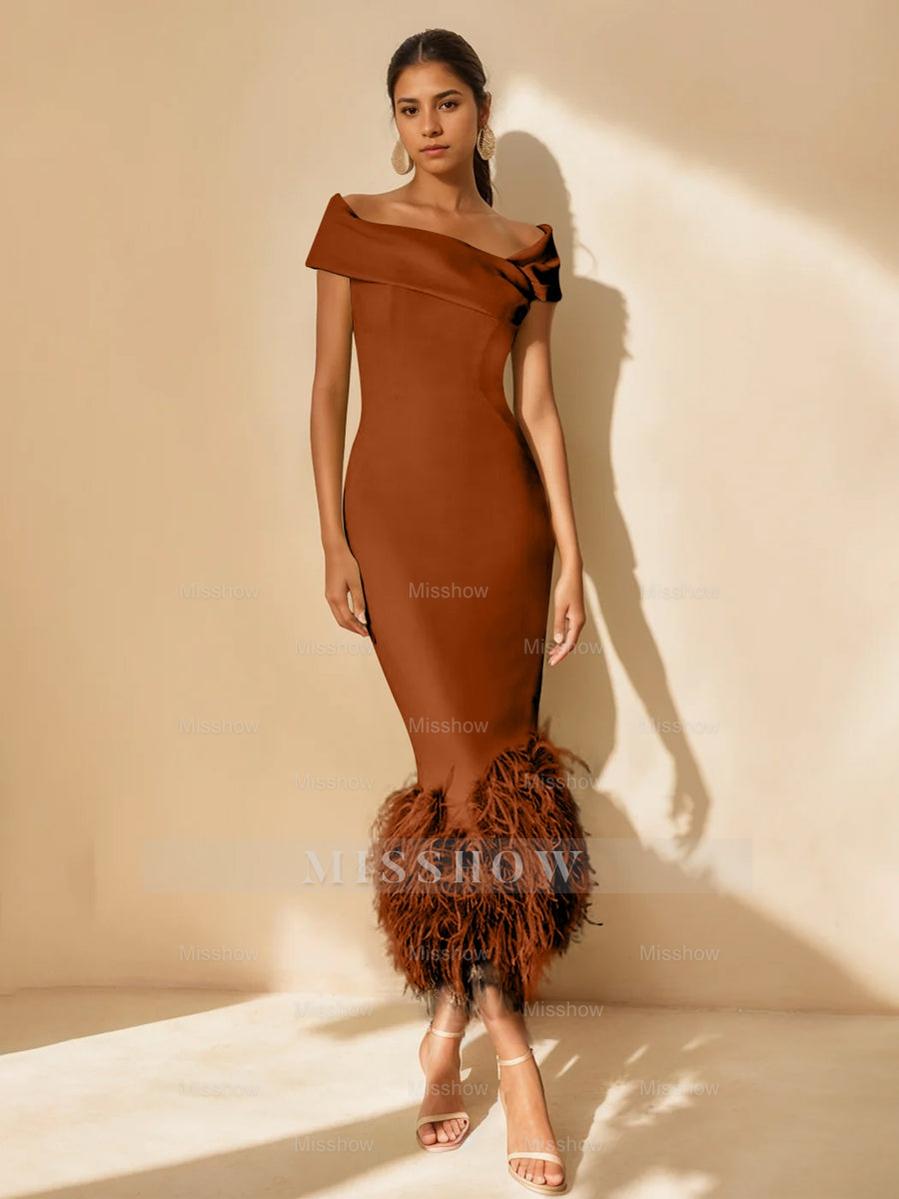 Unique Off-the-Shoulder Tea-Length Mother of the Bride Dress with Short Sleeves and Feathers