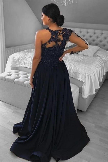 Unique One-shoulder Long-Sleeve A-Line Floor-Length Chiffon Prom Evening Dresses with Appliques