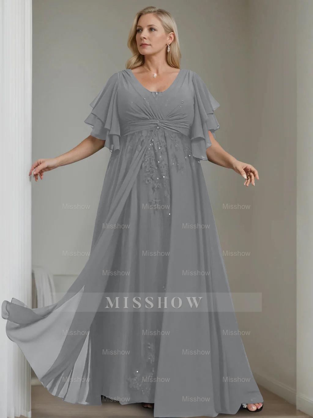 Unique Plus Size V-Neck A-Line Princess Floor-Length Mother of the Bride Dress with Sequins and Half Sleeve Ruffles