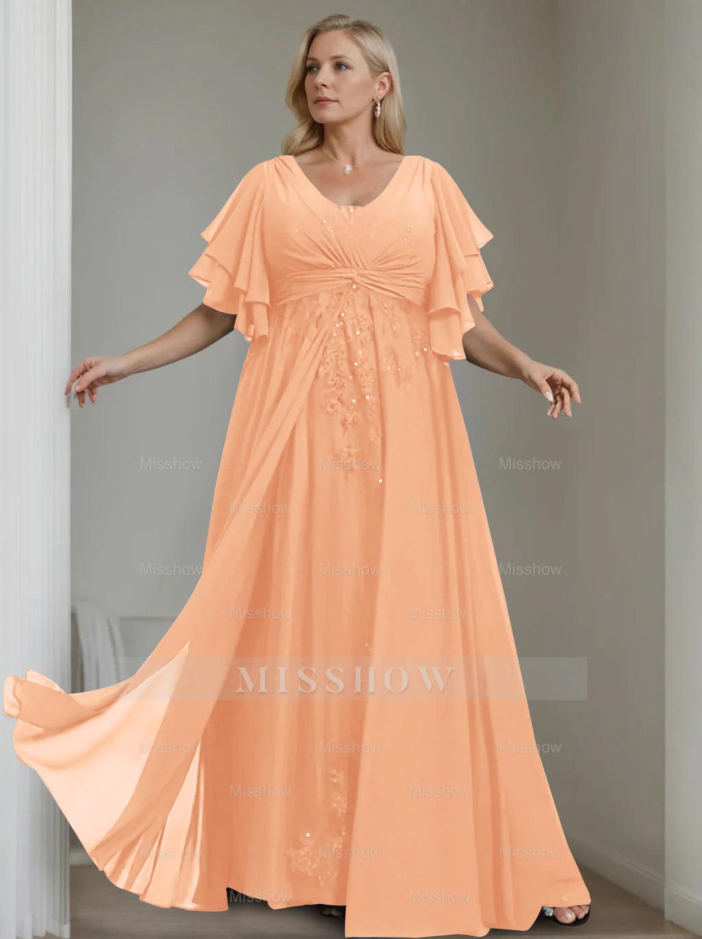 Unique Plus Size V-Neck A-Line Princess Floor-Length Mother of the Bride Dress with Sequins and Half Sleeve Ruffles
