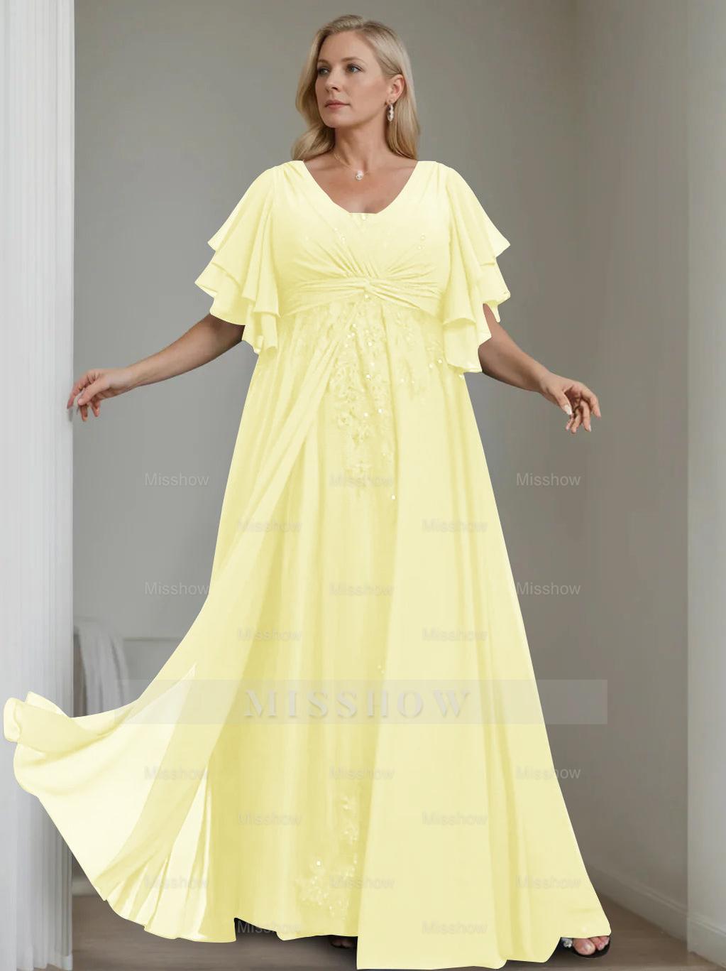 Unique Plus Size V-Neck A-Line Princess Floor-Length Mother of the Bride Dress with Sequins and Half Sleeve Ruffles