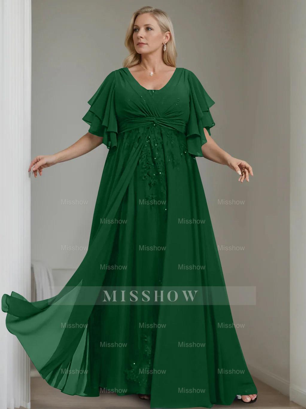 Unique Plus Size V-Neck A-Line Princess Floor-Length Mother of the Bride Dress with Sequins and Half Sleeve Ruffles