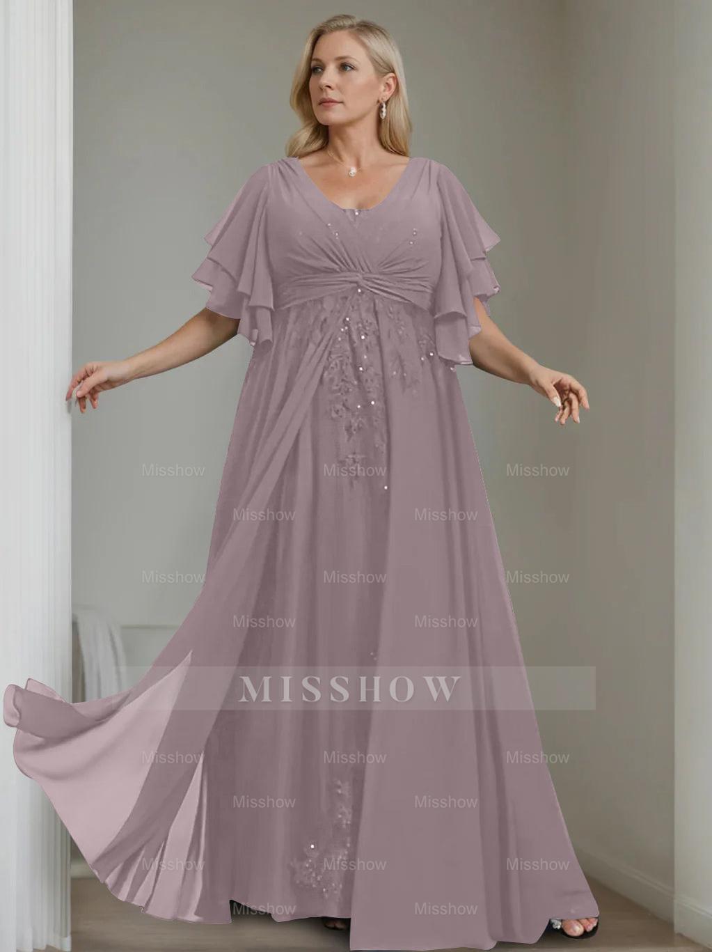 Unique Plus Size V-Neck A-Line Princess Floor-Length Mother of the Bride Dress with Sequins and Half Sleeve Ruffles