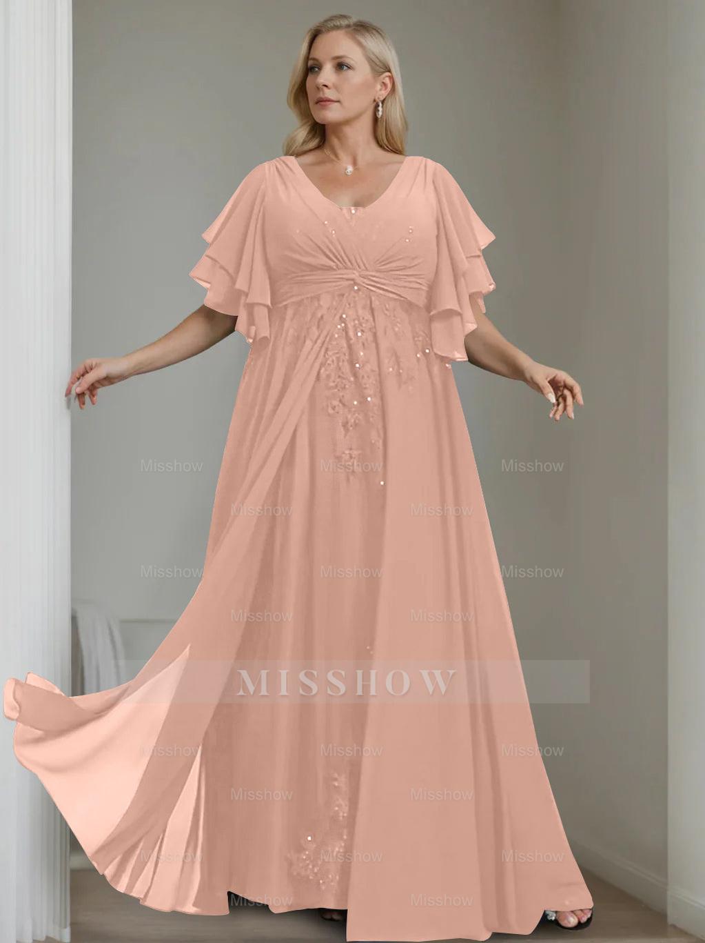 Unique Plus Size V-Neck A-Line Princess Floor-Length Mother of the Bride Dress with Sequins and Half Sleeve Ruffles