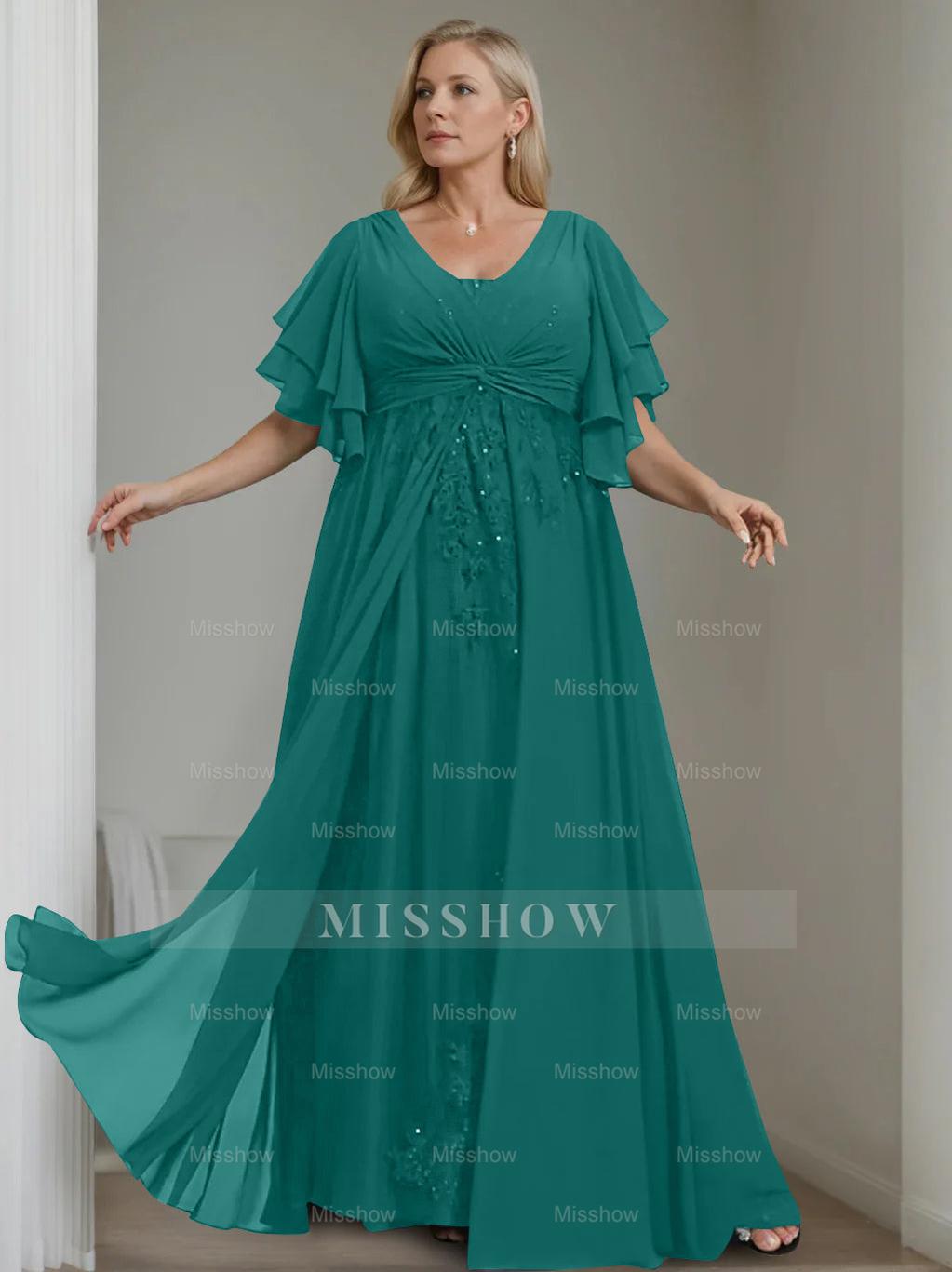 Unique Plus Size V-Neck A-Line Princess Floor-Length Mother of the Bride Dress with Sequins and Half Sleeve Ruffles