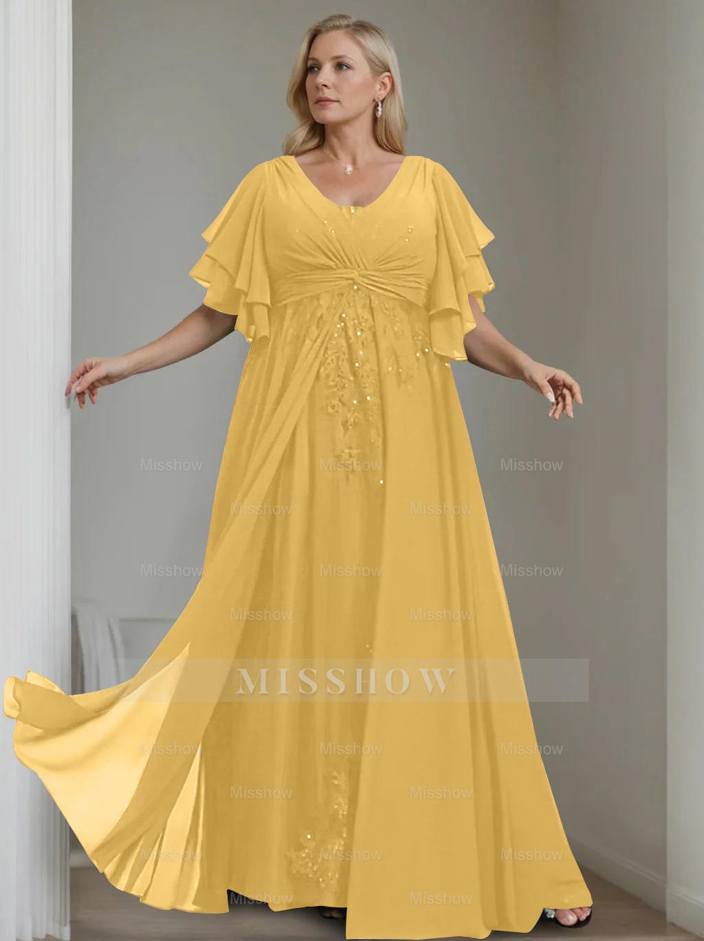 Unique Plus Size V-Neck A-Line Princess Floor-Length Mother of the Bride Dress with Sequins and Half Sleeve Ruffles