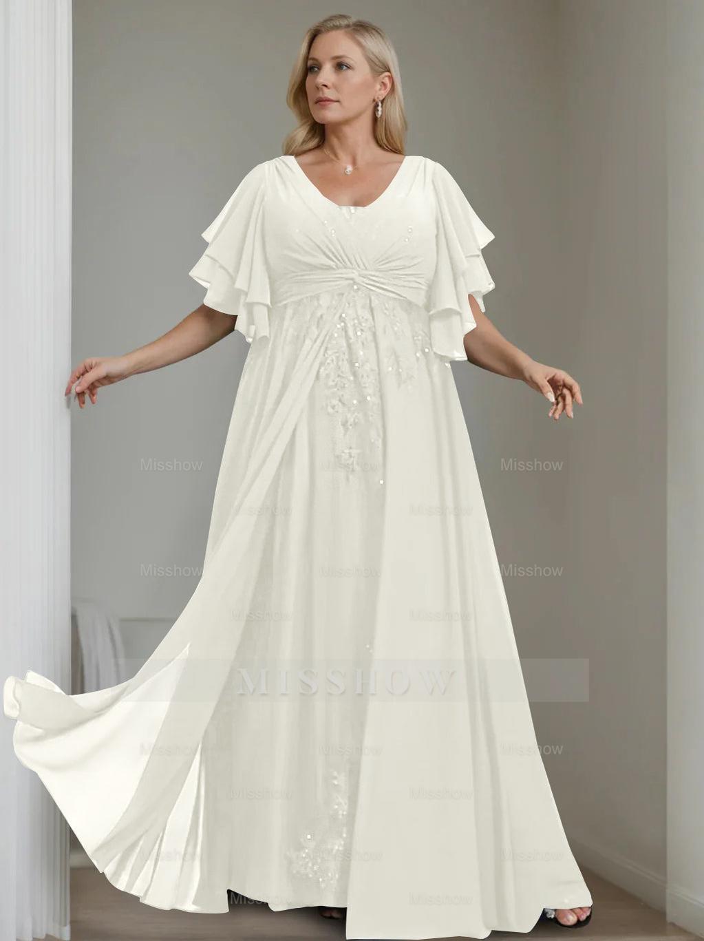 Unique Plus Size V-Neck A-Line Princess Floor-Length Mother of the Bride Dress with Sequins and Half Sleeve Ruffles