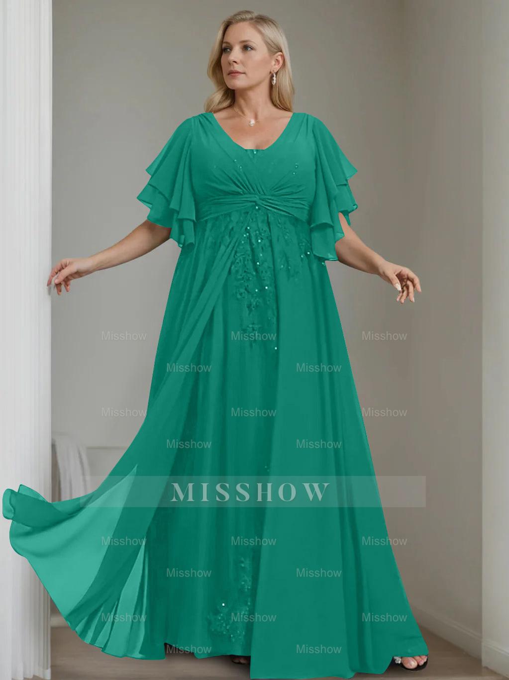 Unique Plus Size V-Neck A-Line Princess Floor-Length Mother of the Bride Dress with Sequins and Half Sleeve Ruffles