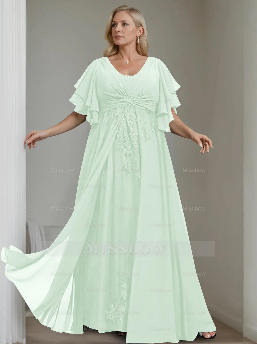 Unique Plus Size V-Neck A-Line Princess Floor-Length Mother of the Bride Dress with Sequins and Half Sleeve Ruffles