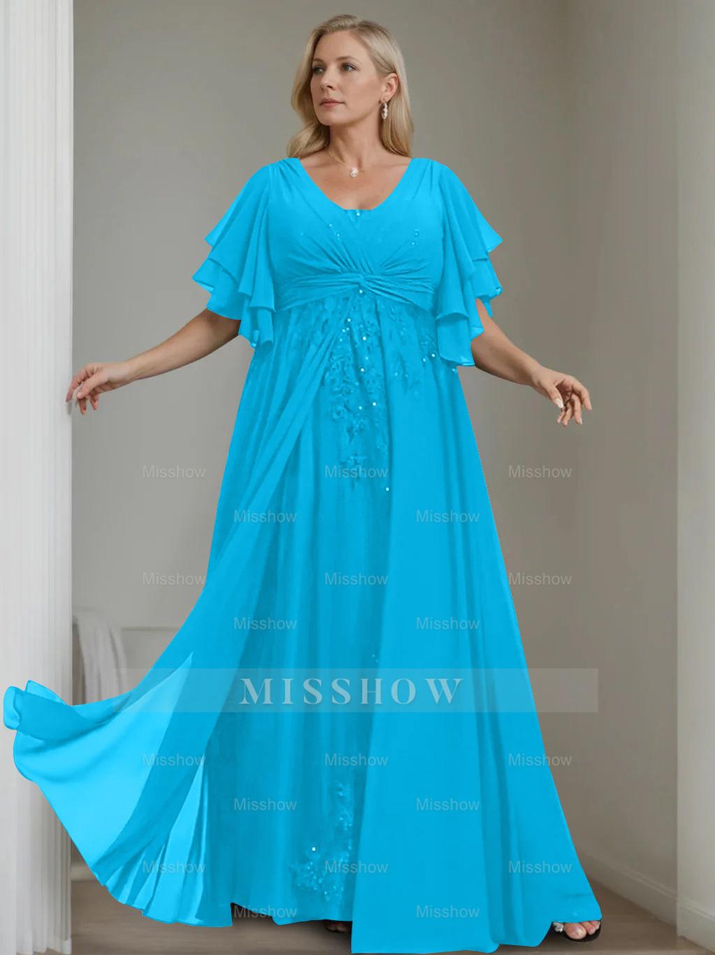 Unique Plus Size V-Neck A-Line Princess Floor-Length Mother of the Bride Dress with Sequins and Half Sleeve Ruffles