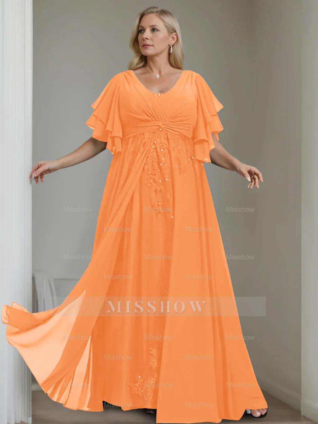 Unique Plus Size V-Neck A-Line Princess Floor-Length Mother of the Bride Dress with Sequins and Half Sleeve Ruffles