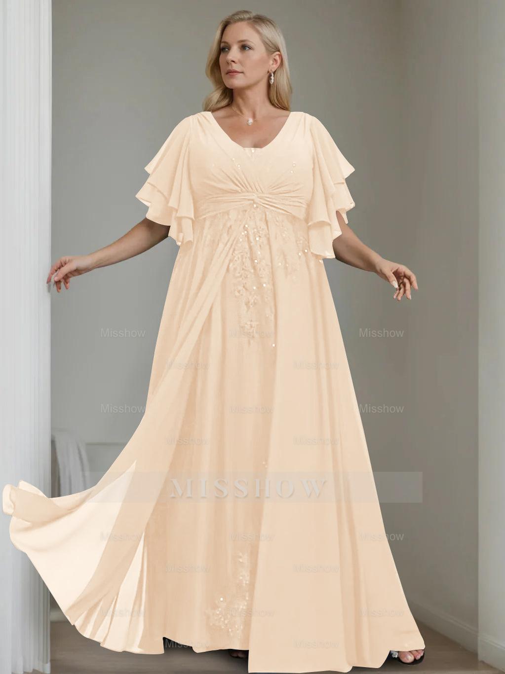Unique Plus Size V-Neck A-Line Princess Floor-Length Mother of the Bride Dress with Sequins and Half Sleeve Ruffles