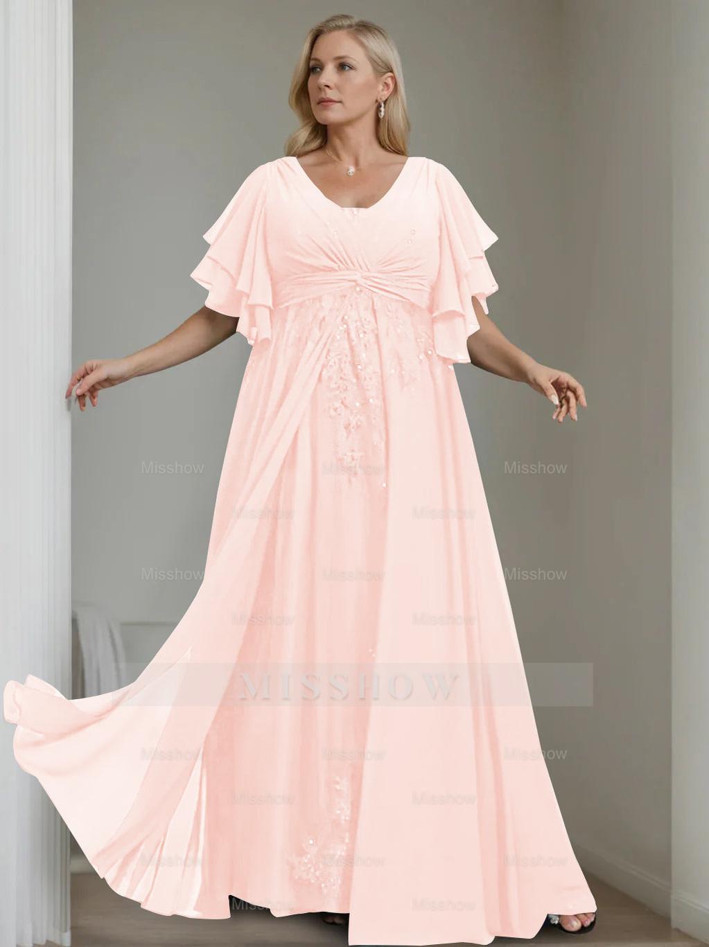 Unique Plus Size V-Neck A-Line Princess Floor-Length Mother of the Bride Dress with Sequins and Half Sleeve Ruffles